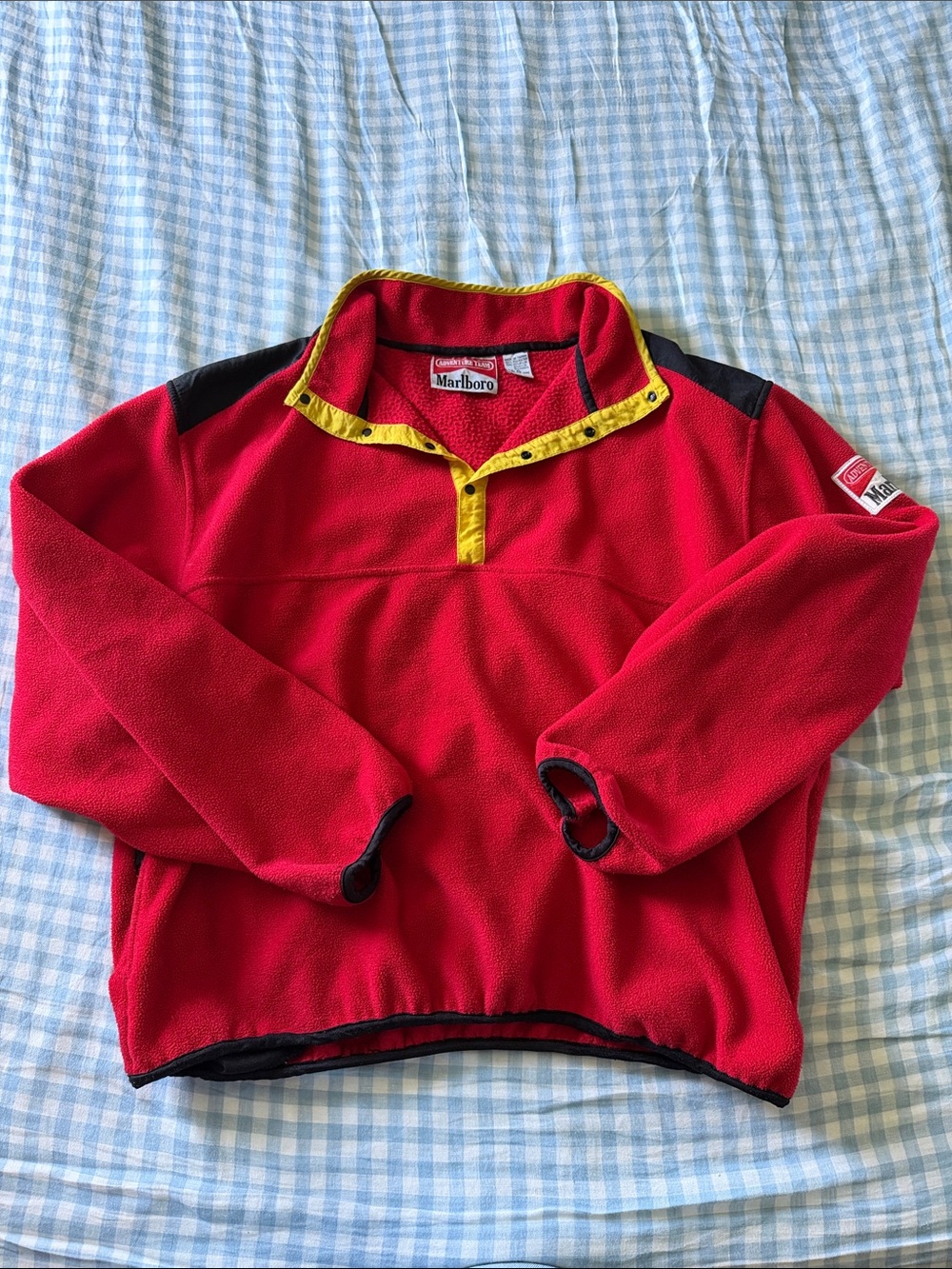 Marlboro Red Fleece Pullover with Yellow Trim and Black Accents